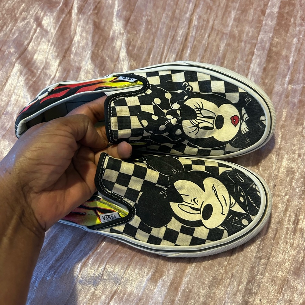 Vans Mickey Mouse Black and White Checkerboard Slip-Ons with Cartoon Design